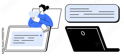 Person holding heart illustrating online emotions, messaging, and connection. Text message on screen, laptop showing digital communication. Ideal for social interaction, networking, love, technology