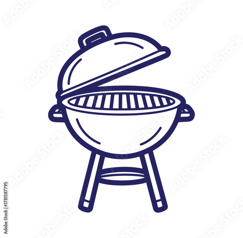 Vector illustration of a blue line art style charcoal grill for outdoor barbecuing
