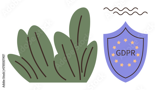 Green foliage with purple shield labeled GDPR surrounded by stars and abstract lines. Ideal for compliance, data security, law, privacy policy, cyber protection, confidentiality, simple flat metaphor