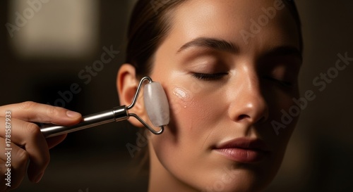 Young Woman Using Facial Roller with Calm Expression in Spa Setting