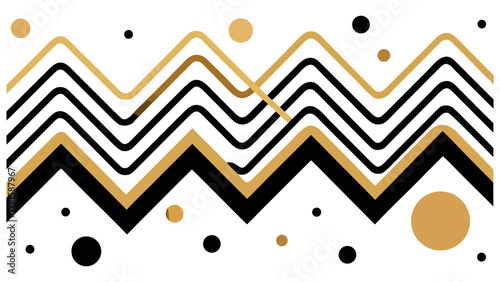 Geometric zigzag horizontal banner with thick black and metallic gold lines, accented by abstract black and gold confetti dots. Dynamic vector graphic for abstract motion, art deco, and luxury designs