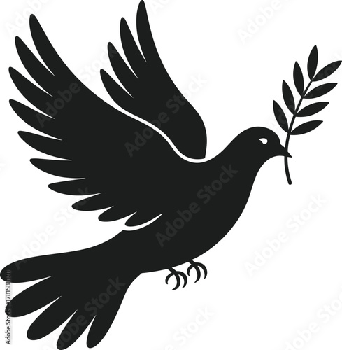 Black silhouette of a dove with an olive branch in its beak on a white background