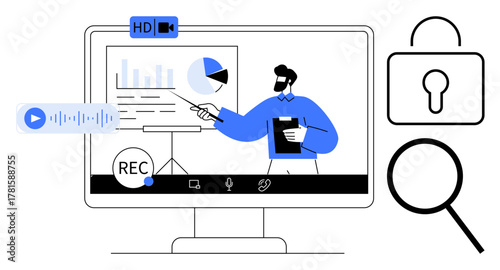 Presenter explaining charts on screen with recording, privacy, and magnifying options. Ideal for virtual learning, remote work, security, presentations, online meetings, analytics simple flat