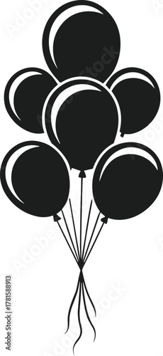 Black balloon cluster silhouette with strings on white background
