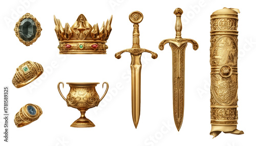 Intricate Golden Artifacts Including Crown, Swords, Rings and Chalice on Transparent Background