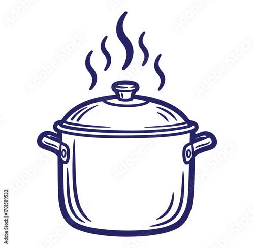 Vector illustration of a steaming pot with a lid representing cooking and cuisine.