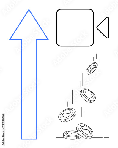 Blue upward arrow, coins falling, and video play icon representing financial growth, digital monetization, progress, and media strategy. Ideal for finance, marketing, digital media business