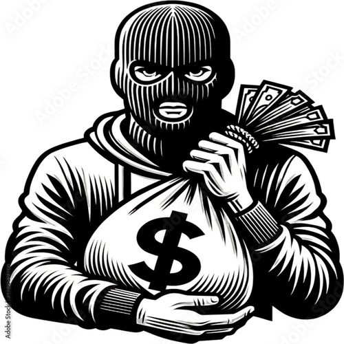 Masked Figure with Stolen Gains: An individual, concealed behind a mask, clutching a bag of money and a handful of currency, embodying the dark world of crime and illicit financial gain.