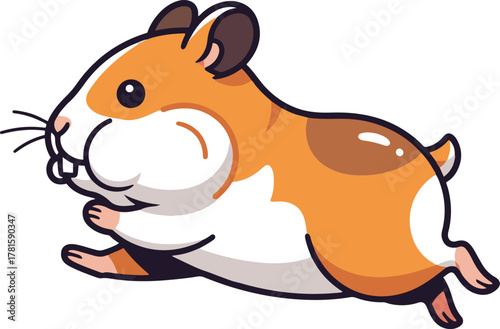  A dynamic, expressive cartoon illustration of a plump golden hamster running rapidly with puffed-out cheek pouches, conveying speed and energy.