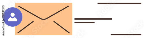 Orange envelope with a blue user profile icon and horizontal lines indicating outgoing email. Ideal for communication, message, technology, contact, notification, business, connection. Simple flat