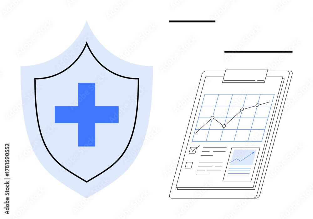 Obraz premium Shield with a cross beside a clipboard with a detailed medical chart and data. Ideal for healthcare, insurance, medical research, risk management, data analysis, prevention, well-being. Simple flat