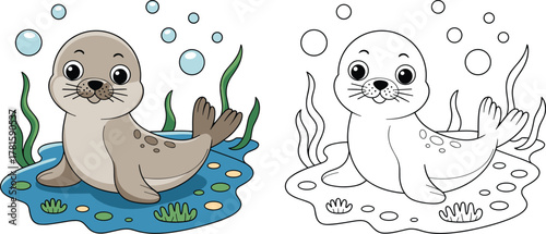 Cute Baby Seal Pup Coloring Page Template: Adorable Aquatic Mammal Cartoon Character Under the Sea with Bubbles, Seaweed, and Water, for Children's Activity Book or Print