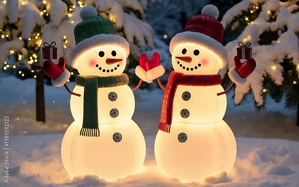 Obraz premium Joyful glowing snowmen sharing gifts in a magical winter scene