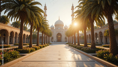 Golden sunlight over mosque garden with palm trees, tiled paths, and decorative lamps, AI-generated, 8K