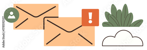 Two envelopes with user icon and alert sign, a white cloud, and green plant. Ideal for communication, notifications, email management, online messaging, alerts, cloud services digital organization