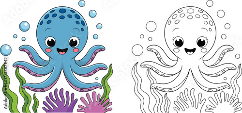 Cartoon octopus illustration, underwater sea life, cute marine animal, coloring book page, kids activity, ocean coral reef, bubbles, seaweed
