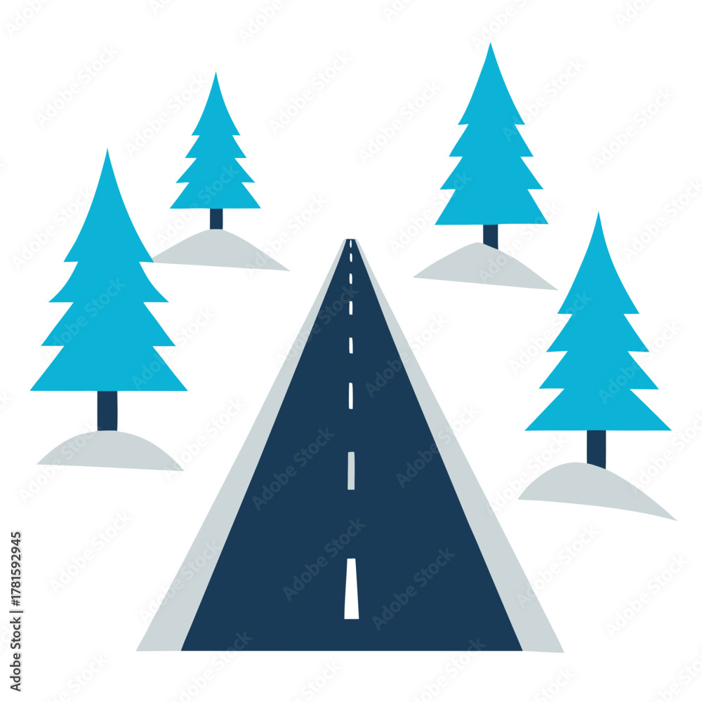 Fototapeta premium Scenic road illustration with stylized forest and perspective.