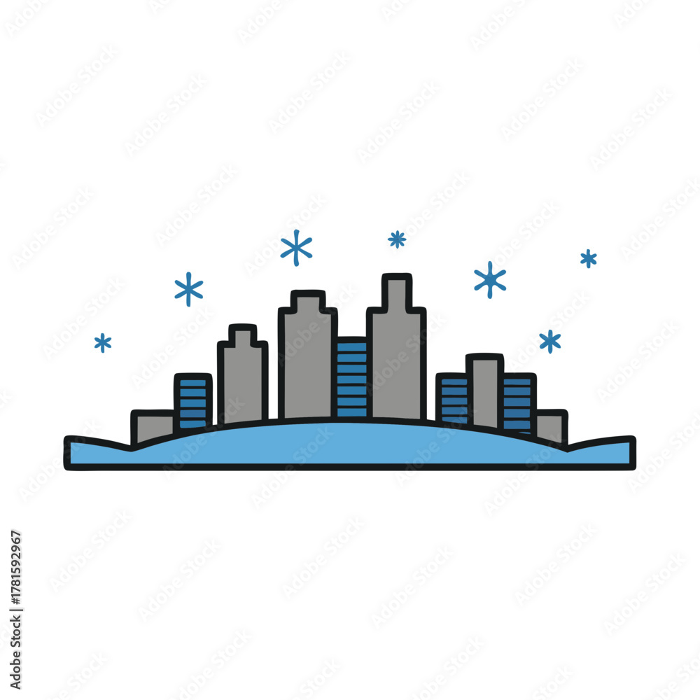 Obraz premium Winter cityscape illustration with snowflakes vector icon design