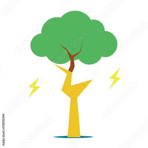 Cartoon tree struck by powerful lightning bolt, showing nature's force.