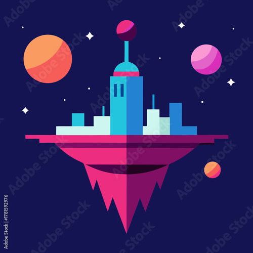 Futuristic floating city in space, stylized vector illustration