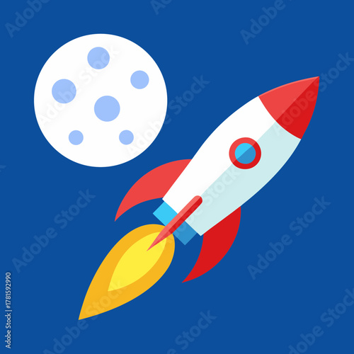 Cartoon rocket launching into space towards the moon illustration