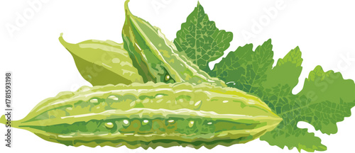 Vector bitter melon cluster supporting youth lessons on environmental awareness, plant growth stages, and food appreciation.
