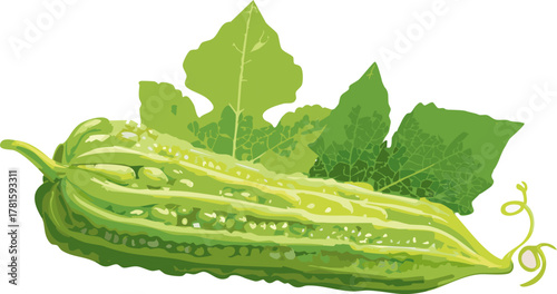 Fresh green bitter melon illustration ideal for materials teaching natural foods, botany basics, and healthy student choices.

