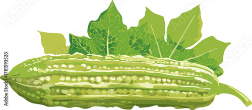 Bitter melon fruit with green leaves ideal for classroom learning about vegetables, food systems, and environmental care.
