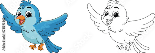 Cartoon bird illustration, cute flying animal coloring page, happy bluebird drawing, children activity art, vector outline and colored version clipart