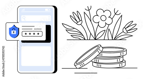 Smartphone illustrating password entry for security, adjacent to coins and blooming flowers symbolizing financial growth. Ideal for cybersecurity, fintech, banking, savings, online transactions