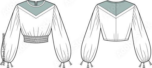 Technical Fashion CAD Flat Drawing Vector Illustration Cropped Boho Blouse Balloon Sleeve Smocked Hem Tassel Detail Apparel Template Front and Back View Mockup