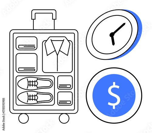 Packed suitcase with organized interior layout beside clock and dollar sign. Ideal for travel planning, time management, budgeting, logistics, efficiency, mindfulness, simple flat metaphor