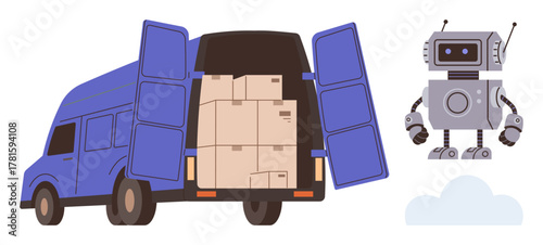 Delivery van filled with boxes, a robot nearby, illustrating automation, logistics, innovation, AI delivery, transportation, e-commerce, and efficiency in a simple flat metaphor