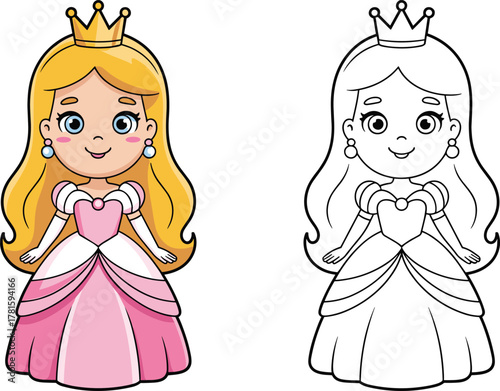 Cartoon princess illustration, fairytale character, cute royalty drawing, coloring book page, children activity art, fantasy gown, crown, vector outline, pink dress