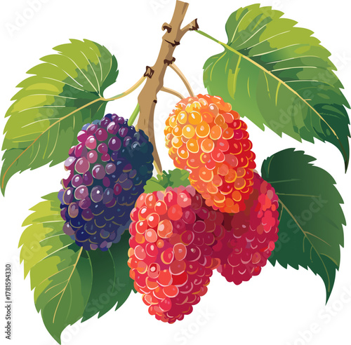 Mulberry branch in vector style promoting botanical learning, color exploration, and healthy nutritional messages for young students.
