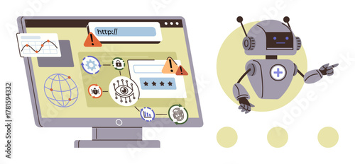 Robot interacting with a computer showing cybersecurity alerts, data analytics, and global connectivity icons. Ideal for technology, data protection, AI analysis, internet safety, innovation, IT