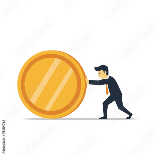 A businessman struggles to push a large golden coin uphill, effort.