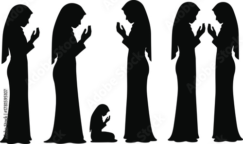 Muslim women praying silhouette vector set, spiritual postures in Islamic worship for religion, culture, education, meditation, and design themes