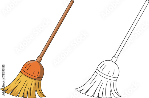 Broom illustration, household cleaning tool, cartoon style, colored vector, outline drawing, domestic chores, sweeping equipment, educational activity, coloring page, hygiene concept