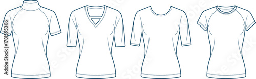 Technical Fashion CAD Flat Drawing Vector Illustration Basic Knit T-Shirt Pack Neckline Variations Apparel Template Design Front View Mockup