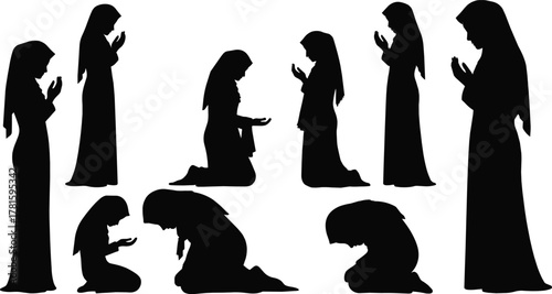 Muslim woman prayer silhouette vector set, Islamic Salah postures in devotion and worship for religion, culture, education, and design themes