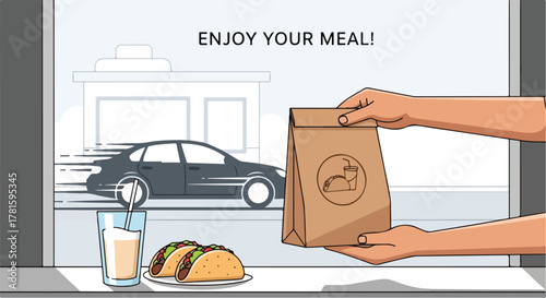 Illustration of food delivery with tacos, drink, and a car outside the window.
