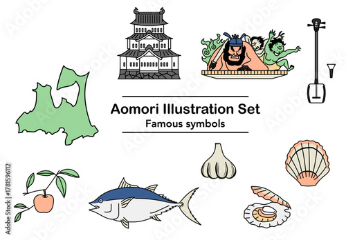 青森県の名物や名所を描いた観光イラストセット｜りんごやマグロ、ねぶた祭りなど青森の魅力を表現したデザイン
