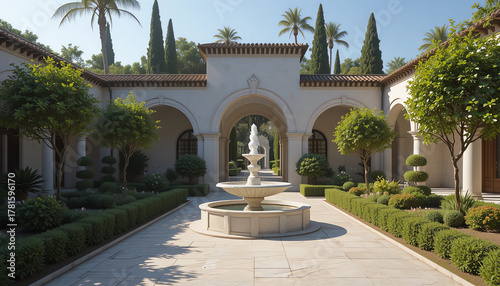 Serene Andalusian garden with marble fountain, arched walkway, and shadow play