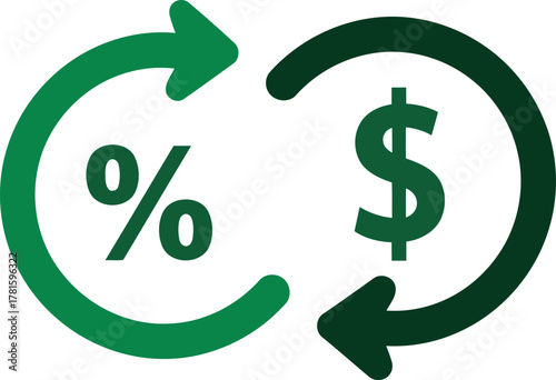 Return on investment concept with percentage and dollar signs around arrows