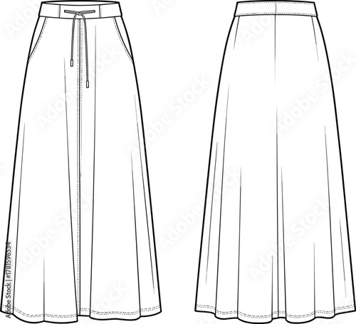 Technical Fashion CAD Flat Drawing Vector Illustration Midi A-Line Skirt Template Women's Apparel Design Drawstring Waist Front and Back View Mockup