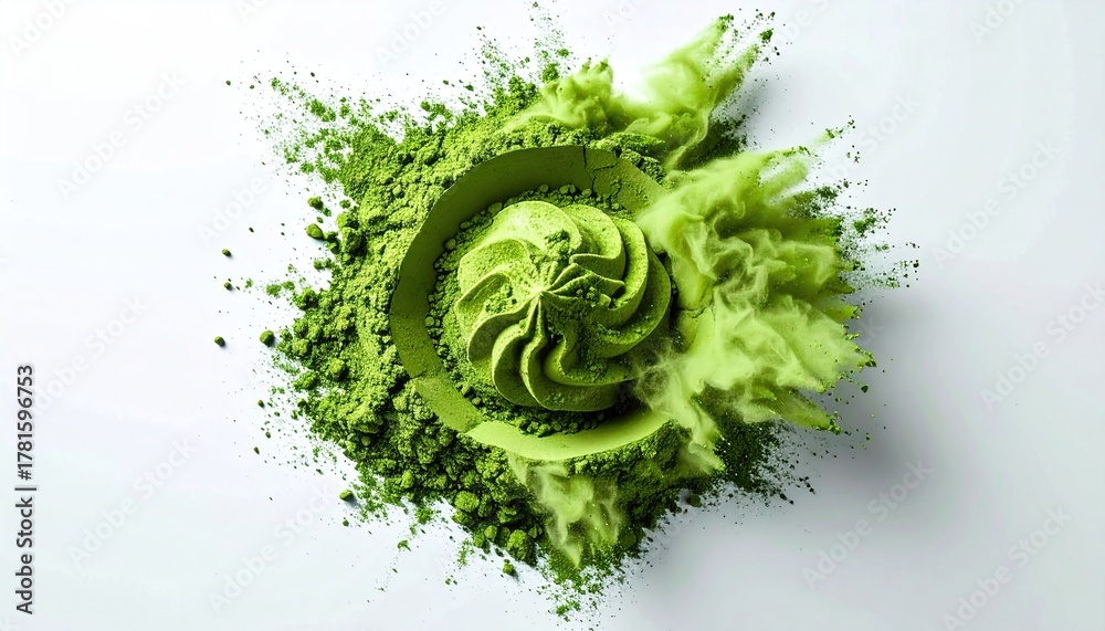 Obraz premium Vibrant Green Matcha Powder Explosion on White Background.