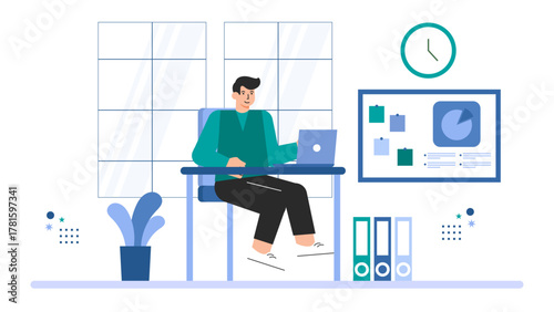 Business People Working Overtime at Office Flat Vector Illustration