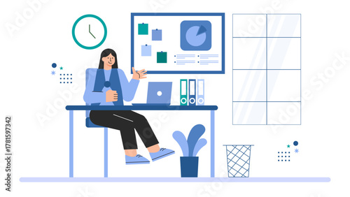 Flat Design Office Desk with Business Supplies Flat Vector Illustration