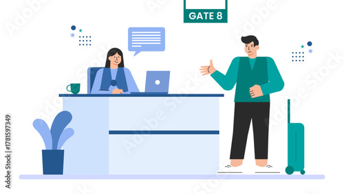 Flat Design Office Reception and Front Flat Vector Illustration